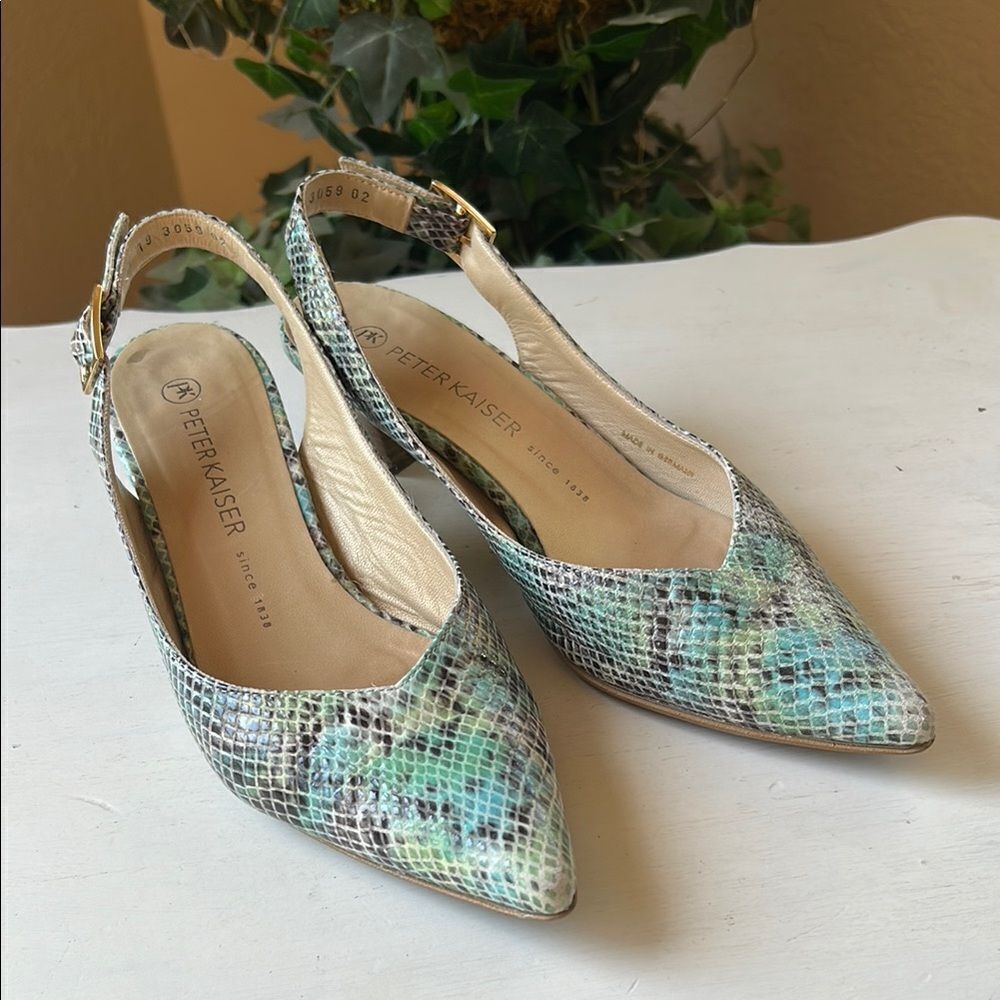 Peter Kaiser Multi Color Snakeskin Print Sling Back Kitten Heels Size 7